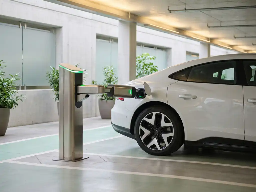 Weißes Elektroauto lädt automatisch an moderner Ladestation in hellem Parkhaus mit natürlichem Tageslicht.