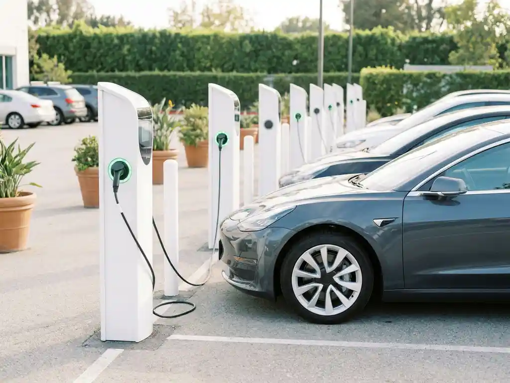 Weiße E-Auto-Ladestation auf Firmenparkplatz lädt ein Elektroauto, grüne Kontrollleuchte leuchtet, natürliches Tageslicht.