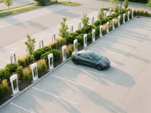 Reihe weißer Elektroauto-Ladestationen auf einem modernen Firmenparkplatz, ein Fahrzeug angeschlossen, grüne Bepflanzung zwischen den Stellplätzen.