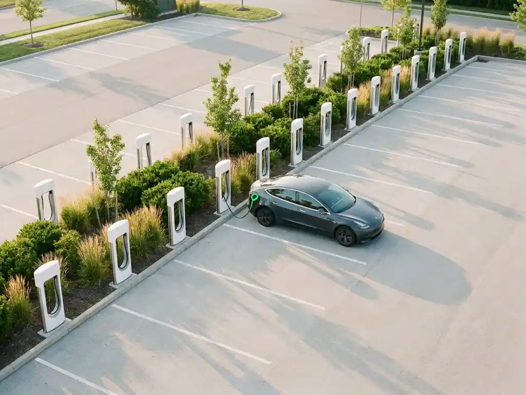 Reihe weißer Elektroauto-Ladestationen auf einem modernen Firmenparkplatz, ein Fahrzeug angeschlossen, grüne Bepflanzung zwischen den Stellplätzen.
