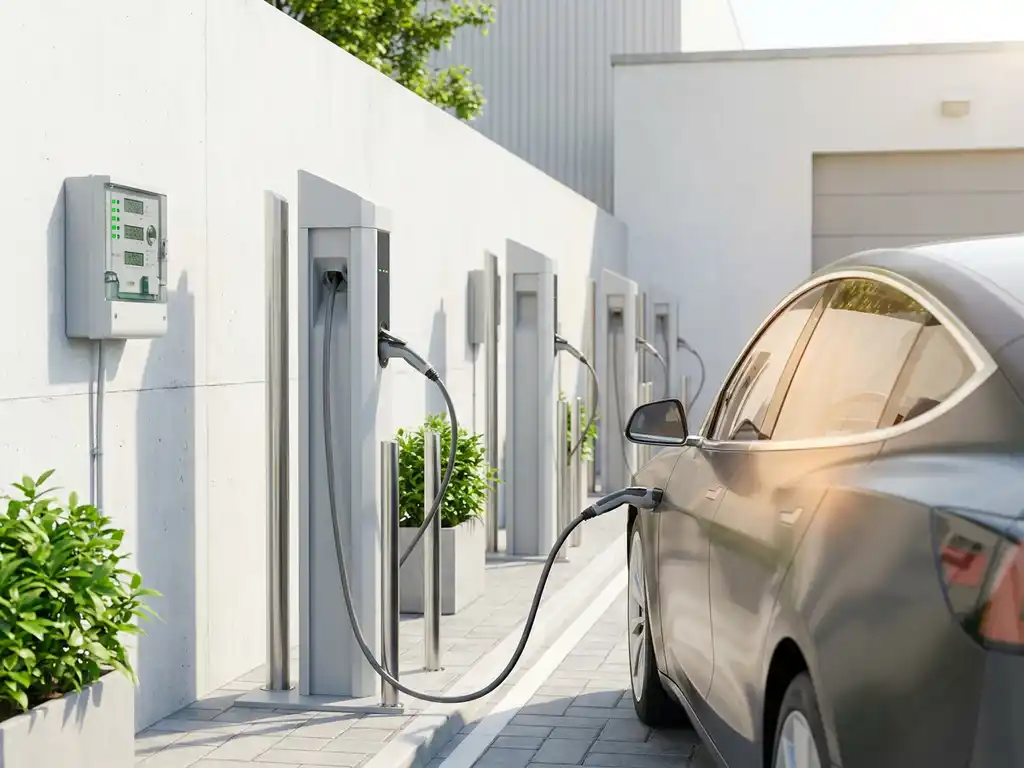 Moderne EV-Ladestation in einem hellen Industriehof mit angeschlossenem Elektroauto und grün leuchtendem digitalen Stromzähler.