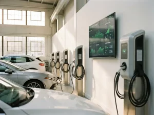 Elektroauto-Ladestationen in moderner Industriehalle mit digitalem Lastmanagement-Display und grünen Energiekurven an weißer Wand.