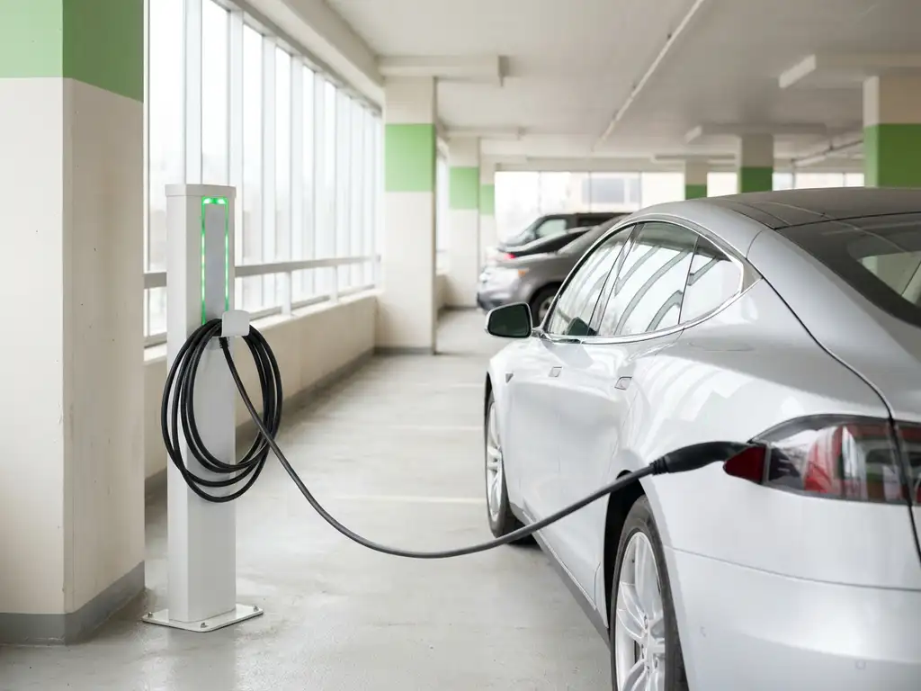 Elektroauto-Ladestation mit grünen LED-Anzeigen in hellem Firmenparkhaus, angeschlossenes Ladekabel, Tageslicht durch große Fenster.