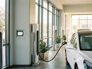 Elektroauto-Ladestation in hellem Firmenparkhaus, weißes Fahrzeug angeschlossen, Tageslicht durch große Fenster.