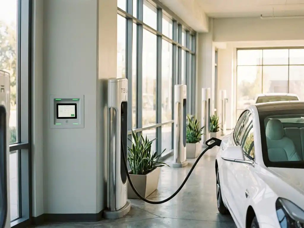 Elektroauto-Ladestation in hellem Firmenparkhaus, weißes Fahrzeug angeschlossen, Tageslicht durch große Fenster.