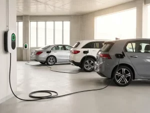 Drei Elektrofahrzeuge an weißen Wandladestationen in einem Firmenparkhaus, ein Ladekabel liegt ungenutzt auf dem Boden.