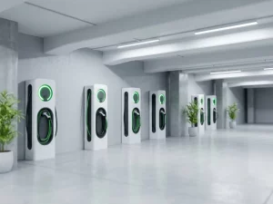 Weiße EV-Ladestationen mit grünen LED-Anzeigen in einer modernen Tiefgarage mit sauberen Betonpfeilern und heller Beleuchtung.