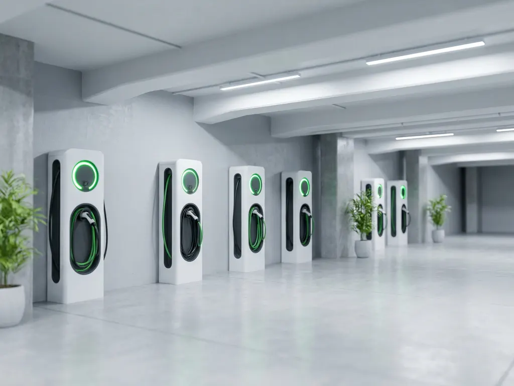 Weiße EV-Ladestationen mit grünen LED-Anzeigen in einer modernen Tiefgarage mit sauberen Betonpfeilern und heller Beleuchtung.