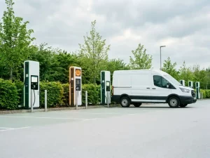 Elektroauto-Ladestation mit blinkendem Bernstein-Warnsignal auf Firmenparkplatz, weißer Transporter angeschlossen, grüne Bäume im Hintergrund.