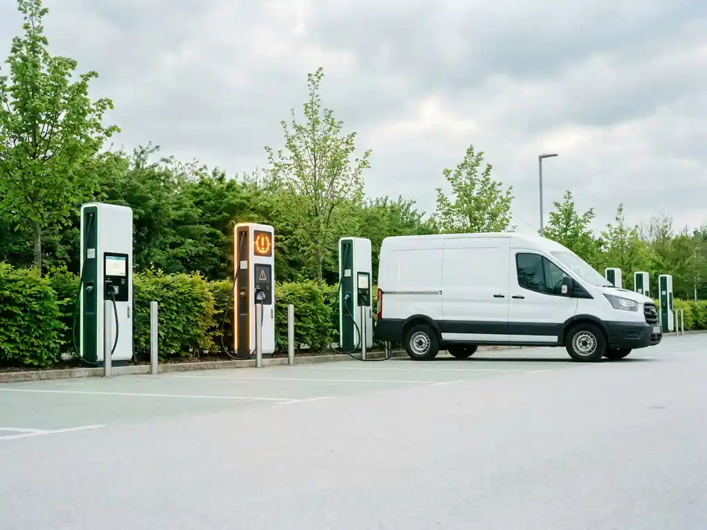 Elektroauto-Ladestation mit blinkendem Bernstein-Warnsignal auf Firmenparkplatz, weißer Transporter angeschlossen, grüne Bäume im Hintergrund.