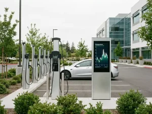 Elektroauto-Ladestationen auf einem modernen Firmenparkplatz mit angeschlossenem Kabel und digitalem Display mit Energiekostenkurven.