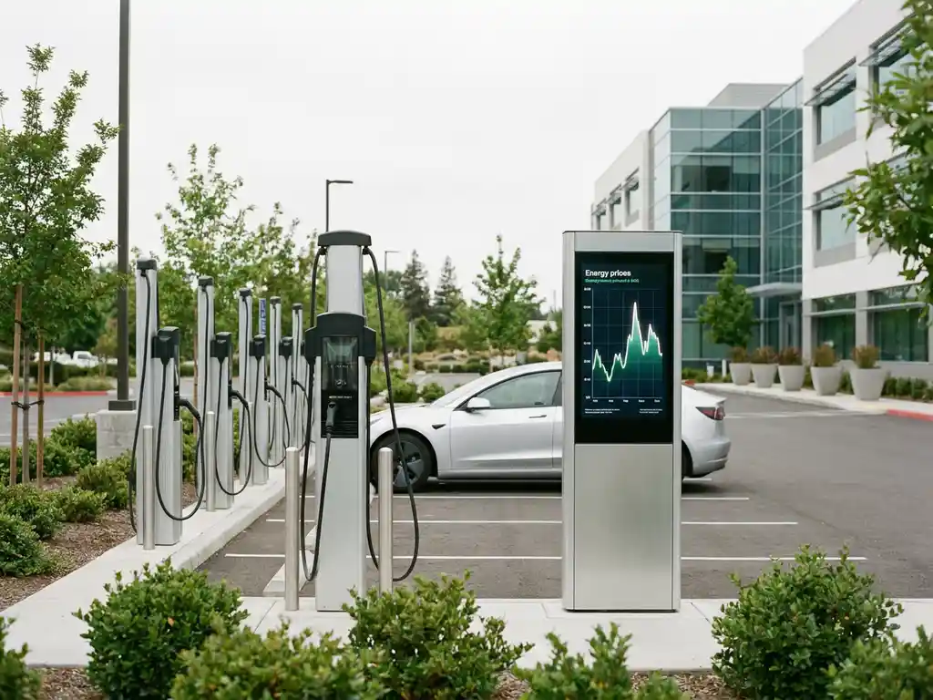 Elektroauto-Ladestationen auf einem modernen Firmenparkplatz mit angeschlossenem Kabel und digitalem Display mit Energiekostenkurven.