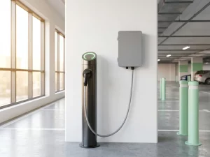 EV-Ladestation mit grüner Statusanzeige an weißer Wand in hellem Firmenparkhaus bei Tageslicht.