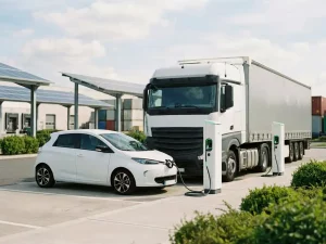 Elektroauto und Lkw laden nebeneinander an modernen Ladesäulen in einem hellen Logistikhof bei Tageslicht.