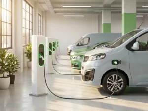 Weiße Elektroauto-Ladestationen in einer modernen Parkanlage mit angeschlossenen Flottenfahrzeugen und grünen LED-Statusanzeigen.