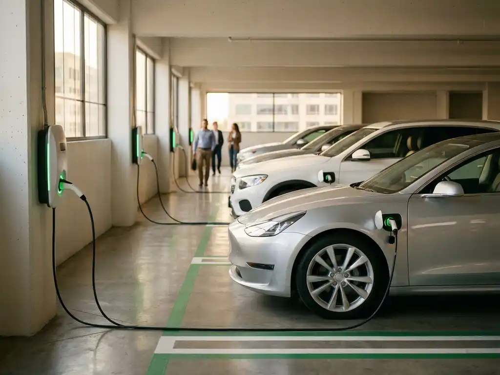 Elektro-Firmenfahrzeuge an modernen weißen Ladestationen in einer hellen Unternehmensgarage mit grünen Ladeanzeigen.