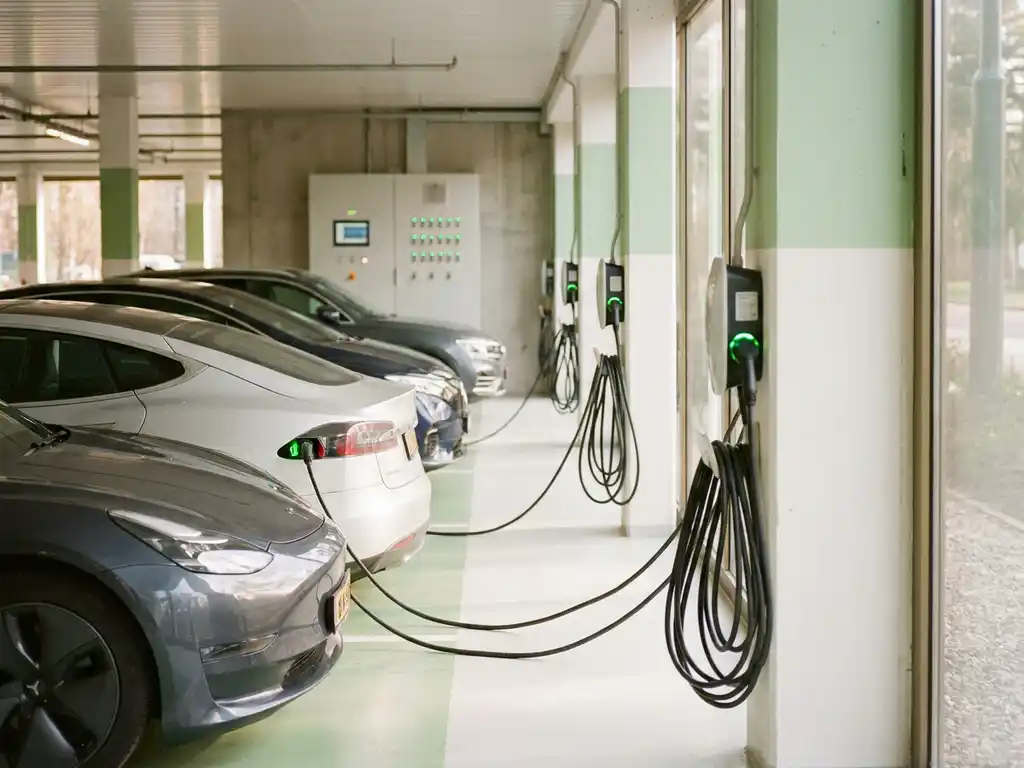 Elektrofahrzeuge in ordentlichen Reihen an modernen Ladestationen in einem hellen Firmenparkhaus mit grünen Kontrollleuchten.