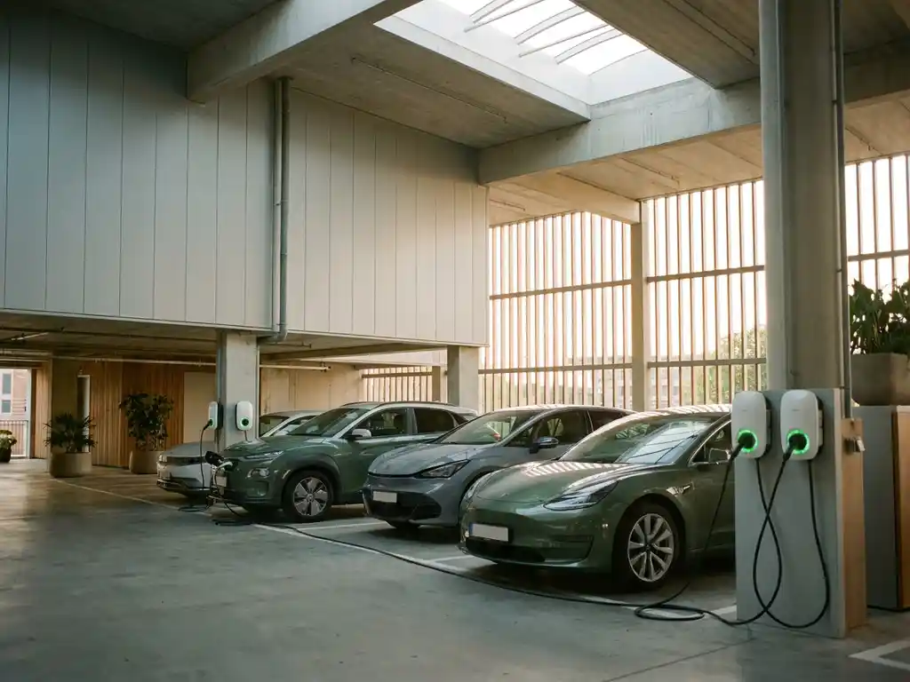Fünf Elektrofahrzeuge an modernen weißen Ladestationen in einem hellen Firmenparkhaus mit grünen Ladeanzeigen.