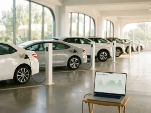 Elektrofahrzeuge an weißen Ladestationen in einem Firmenparkhaus, daneben Laptop mit Energieverbrauchskurven, Tageslicht.
