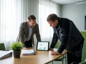 Consultant und Techniker analysieren Energielastkurven auf einem Tablet im Besprechungsraum mit ISO-Dokumentation und Tageslicht.