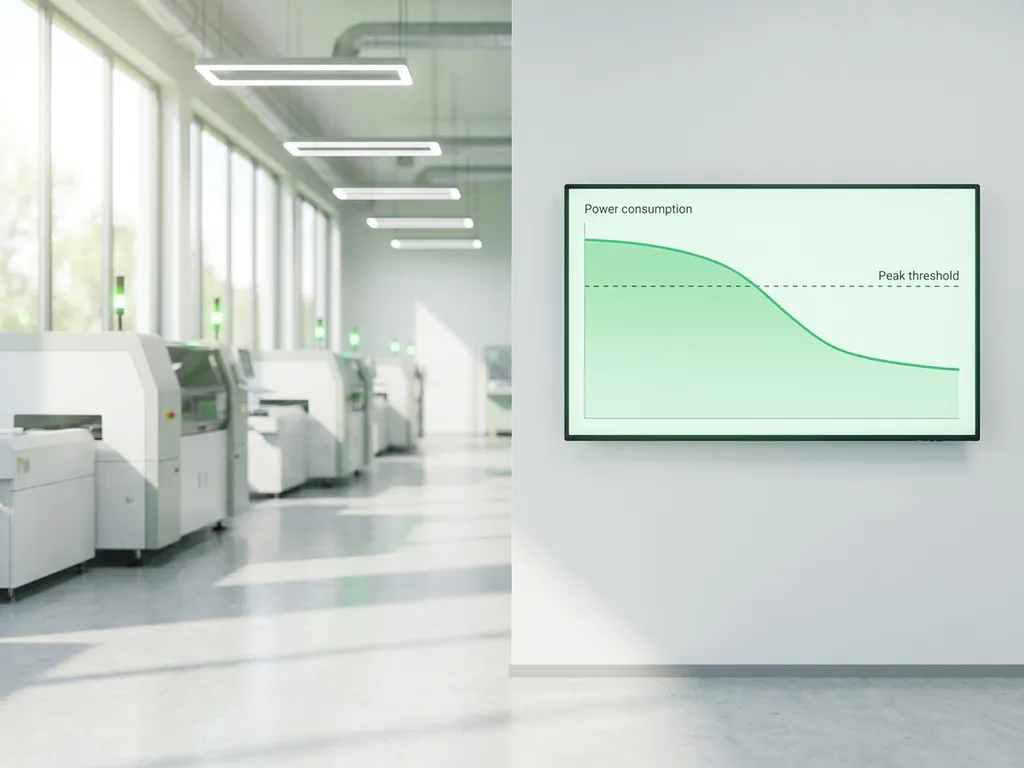 Digitales Energiemonitor-Display in moderner Produktionshalle zeigt grüne Verbrauchskurven unterhalb der Lastspitzen-Schwelle.