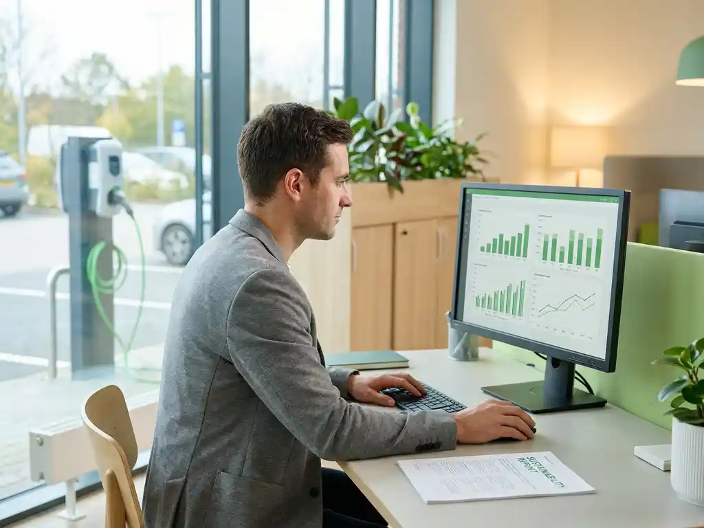 Energiemanager analysiert grüne Nachhaltigkeits-Dashboards am Monitor, Elektroauto-Ladestation im Bürofenster sichtbar.