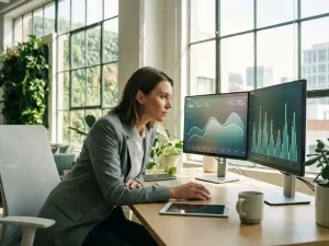 Energiemanager analysiert Verbrauchs- und Lastspitzengraphen auf zwei Dashboard-Bildschirmen in modernem Industriebüro mit Tageslicht.