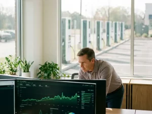 Energiemanager analysiert Lademanagement-Daten auf Monitor, im Hintergrund moderne E-Auto-Ladesäulen durch Bürofenster sichtbar.