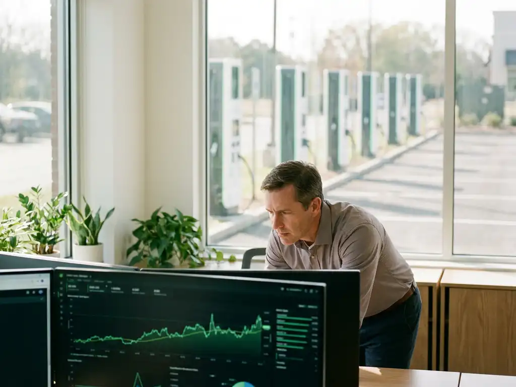 Energiemanager analysiert Lademanagement-Daten auf Monitor, im Hintergrund moderne E-Auto-Ladesäulen durch Bürofenster sichtbar.