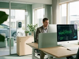 Energiemanager analysiert grüne Verbrauchskurven und EV-Ladediagramme auf modernem Monitor im hellen Büro.