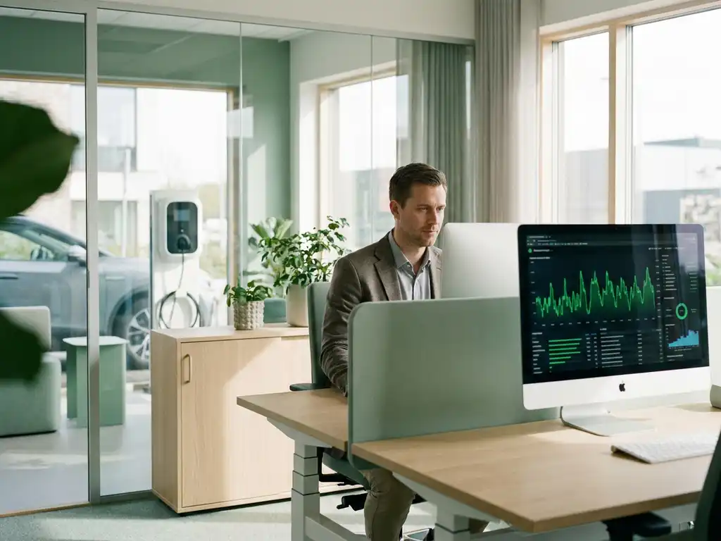 Energiemanager analysiert grüne Verbrauchskurven und EV-Ladediagramme auf modernem Monitor im hellen Büro.