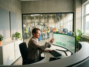 Energiemanager analysiert grüne Verbrauchsgraphen auf Monitor in modernem Industriekontrollraum mit Fabrikhalle im Hintergrund.