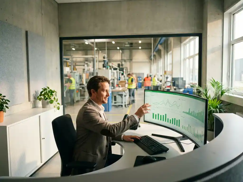 Energiemanager analysiert grüne Verbrauchsgraphen auf Monitor in modernem Industriekontrollraum mit Fabrikhalle im Hintergrund.
