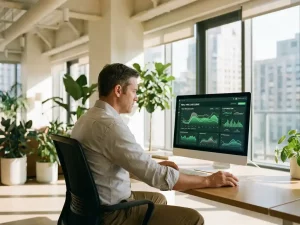 Energiemanager analysiert KI-gestützte Lastkurven und Optimierungsgraphen auf einem modernen Dashboard-Monitor im hellen Büro.