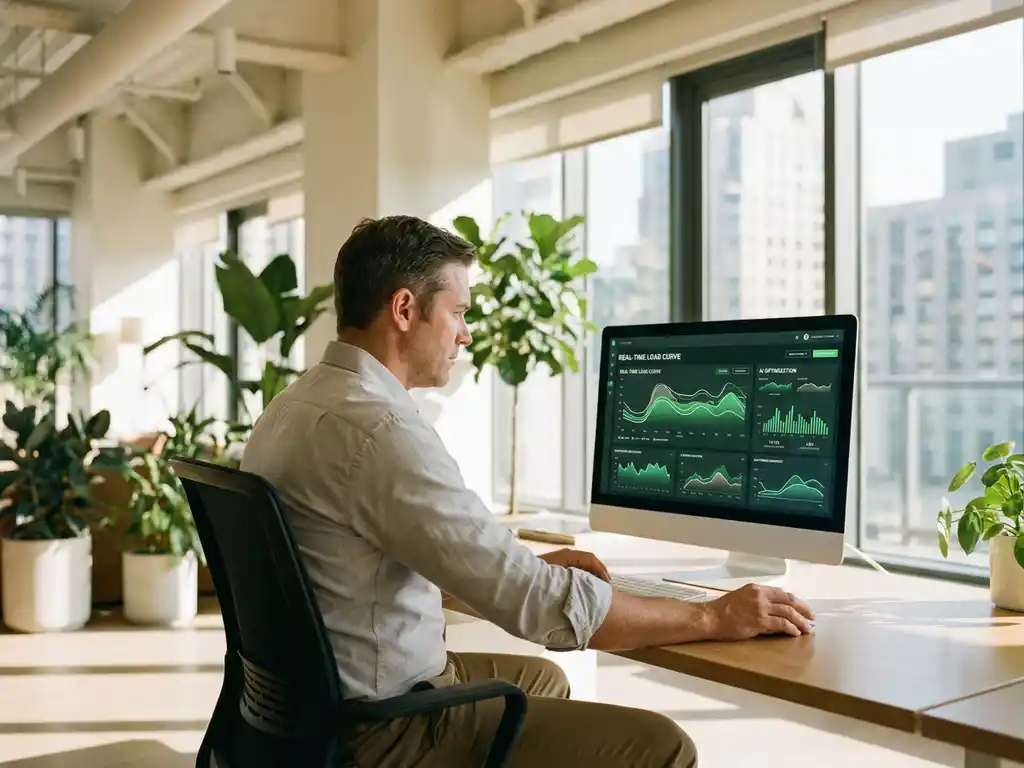 Energiemanager analysiert KI-gestützte Lastkurven und Optimierungsgraphen auf einem modernen Dashboard-Monitor im hellen Büro.