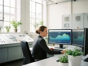 Energiemanager analysiert Lastgangkurven auf zwei großen Monitoren in modernem Industrie-Leitstand mit Tageslicht.