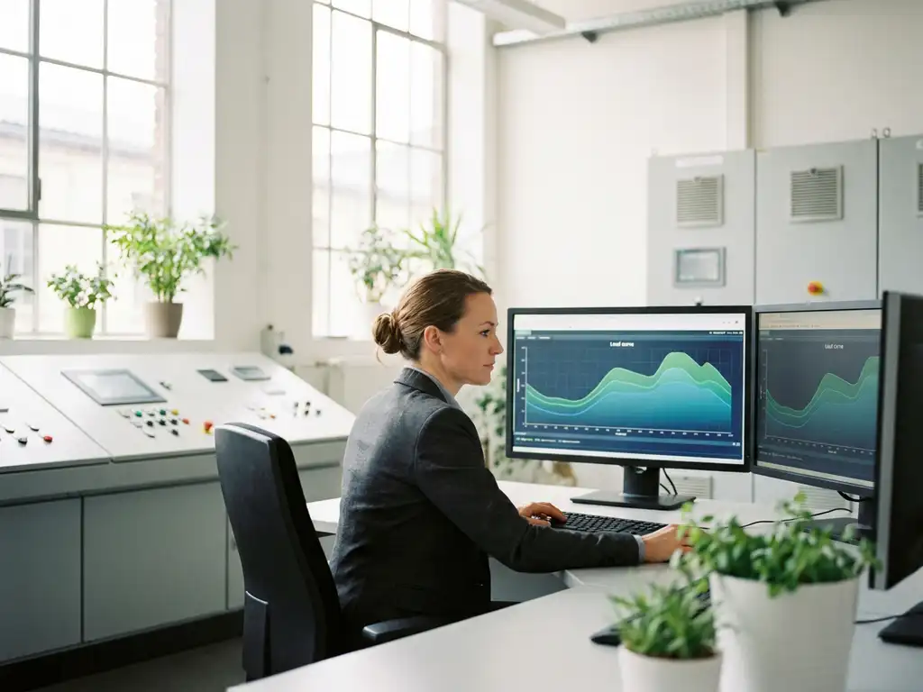 Energiemanager analysiert Lastgangkurven auf zwei großen Monitoren in modernem Industrie-Leitstand mit Tageslicht.