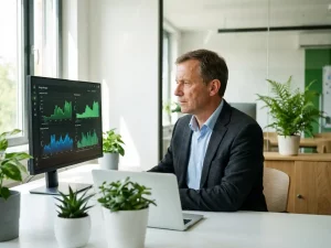 Energiemanager analysiert Lastkurven und Leistungsspitzen auf modernem Büromonitor bei natürlichem Tageslicht.