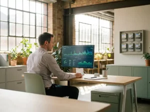 Energiemanager analysiert Echtzeit-Lastkurven auf einem Monitor mit grünen und blauen Verbrauchsgraphen in einem sonnigen Industriebüro.