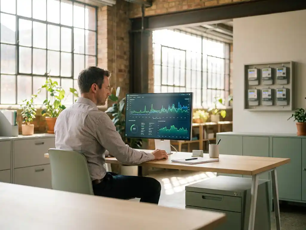 Energiemanager analysiert Echtzeit-Lastkurven auf einem Monitor mit grünen und blauen Verbrauchsgraphen in einem sonnigen Industriebüro.