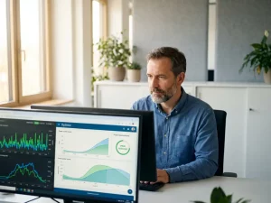 Energiemanager analysiert Echtzeit-Lastkurven und Verbrauchsgraphen auf einem modernen Dashboard-Monitor im hellen Büro.