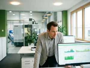 Energiemanager analysiert Echtzeit-Lastkurven auf Monitor in modernem Industriebüro mit Blick auf Produktionshalle.