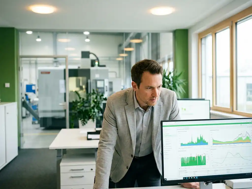 Energiemanager analysiert Echtzeit-Lastkurven auf Monitor in modernem Industriebüro mit Blick auf Produktionshalle.
