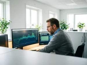 Energiemanager in den 40ern analysiert Lastkurven auf Monitor mit grünen und blauen Verbrauchsgraphen im modernen Kontrollraum.