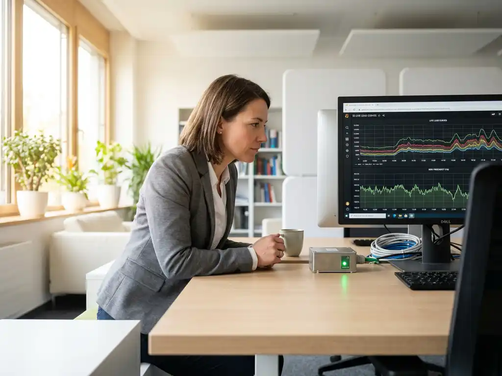 Energiemanager analysiert Lastkurven und Netzfrequenzgraphen auf einem Monitor in einem modernen deutschen Büro mit Tageslicht.