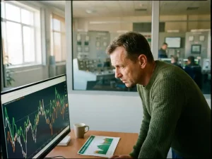 Energiemanager in den 40ern analysiert Lastkurven auf Monitor, Frequenzregelungsdiagramm auf dem Schreibtisch, industrieller Kontrollraum im Hintergrund.