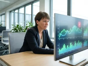 Energiemanager analysiert Dashboard mit Lastkurven und Leistungsspitzen in einem modernen Büro mit Tageslicht.