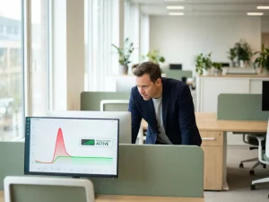 Energiemanager analysiert Echtzeit-Lastgangkurve mit geglättetem Spitzenlastpeak auf modernem Büromonitor.