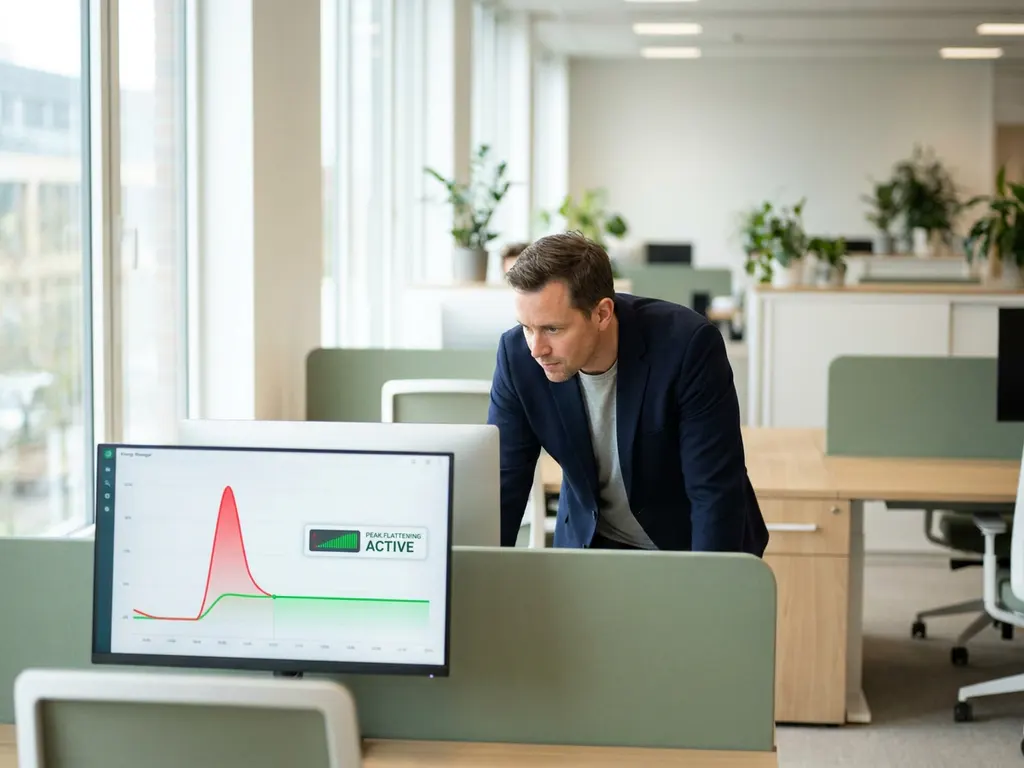 Energiemanager analysiert Echtzeit-Lastgangkurve mit geglättetem Spitzenlastpeak auf modernem Büromonitor.
