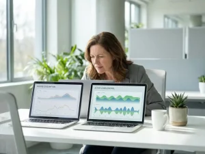 Energiemanager vergleicht zwei Laptops mit Verbrauchsdiagrammen und aktiven Lastkurven im modernen Büro bei Tageslicht.